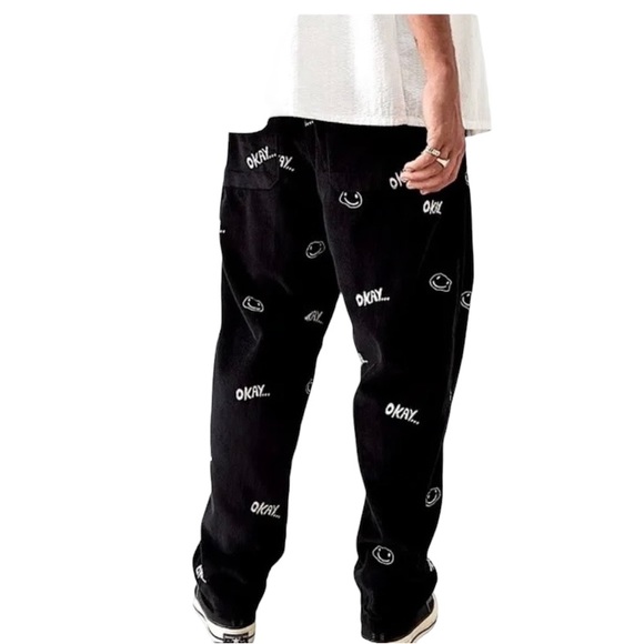 Urban Outfitters Men’s Corduroy Navy Blue Smiley Faces OKAY Embroidered Small - Picture 9 of 16